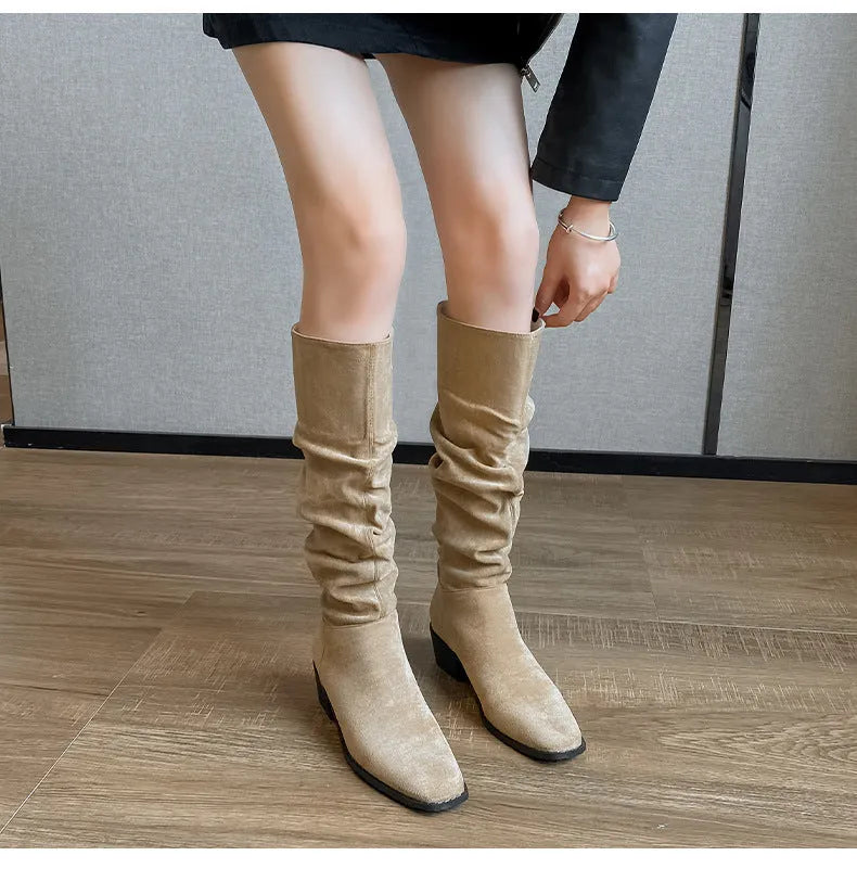 French mid-calf khaki suede western boots with height-increasing insole 5cm cloth lining