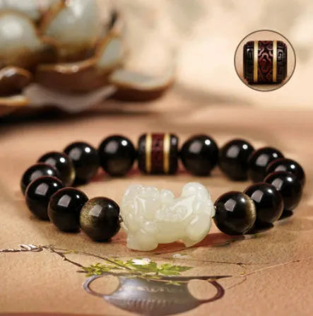 Natural rainbow eye obsidian bracelet in gold obsidian or jade Pi Xiu designs with crystal beads