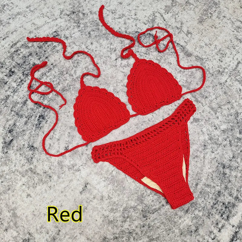 Women's handmade crochet three-piece bikini set with skirt in blue colour