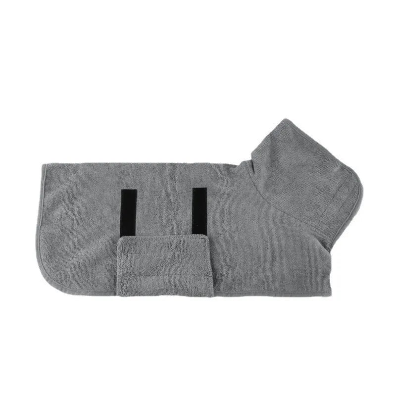 Nylon dog drying towel in grey with orange edge trim shown folded, available in XS to XL sizes