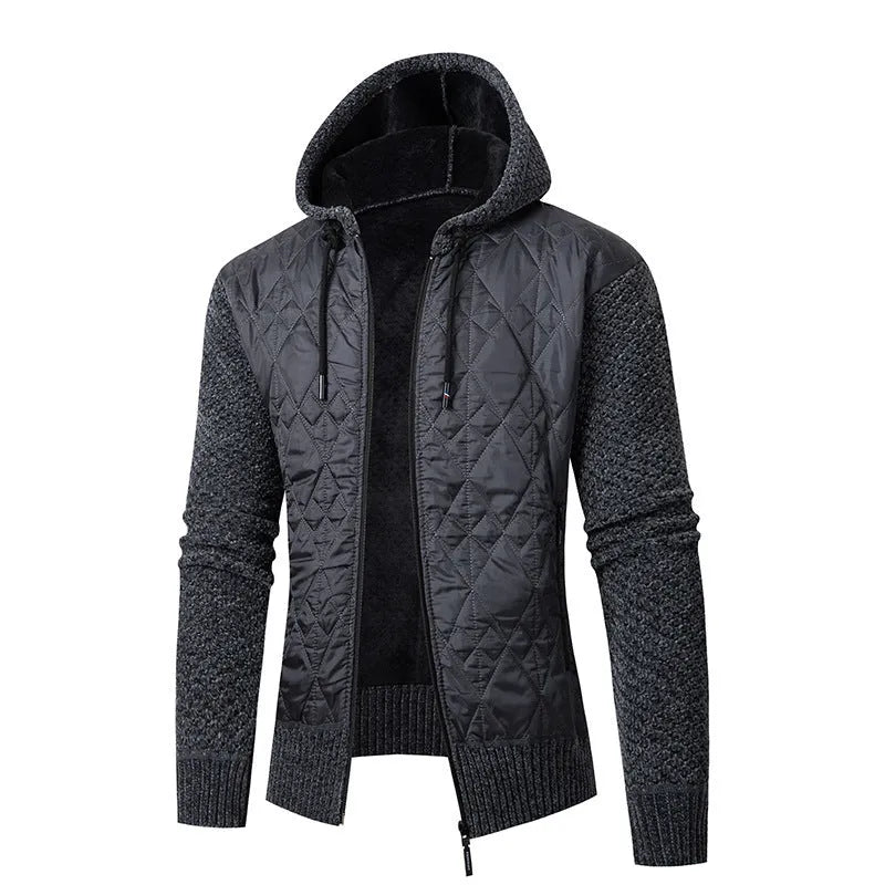 Men's grey corduroy hooded sweater coat with cinched waist and cardigan style front