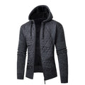 Men's grey corduroy hooded sweater coat with cinched waist and cardigan style front