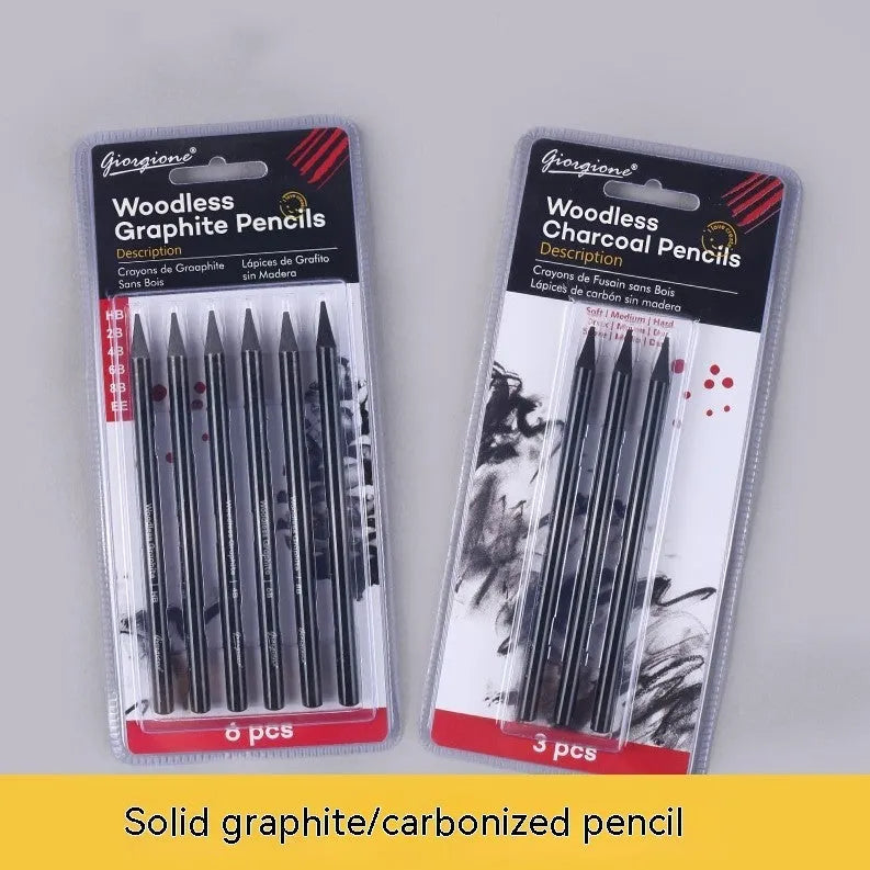 Solid graphite and carbonized pencil set in suction card pack with wooden shell