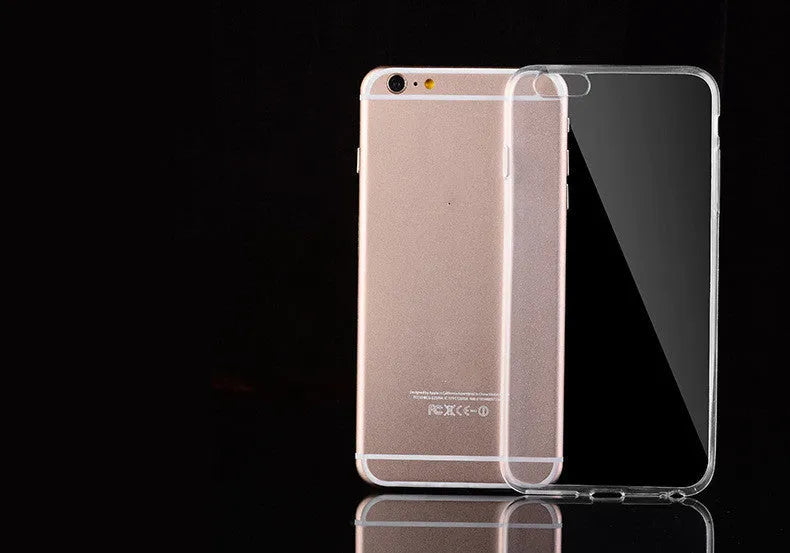 Transparent TPU soft shell mobile phone case for iPhone models on a white background.