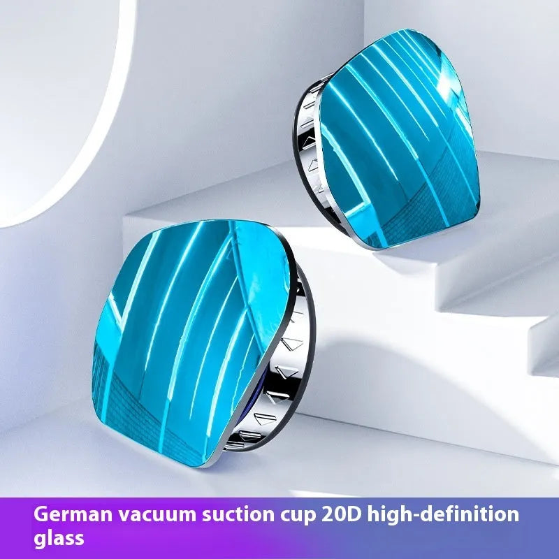 Pair of small circular car mirrors with 360-degree suction cup mount in black, white, and silver