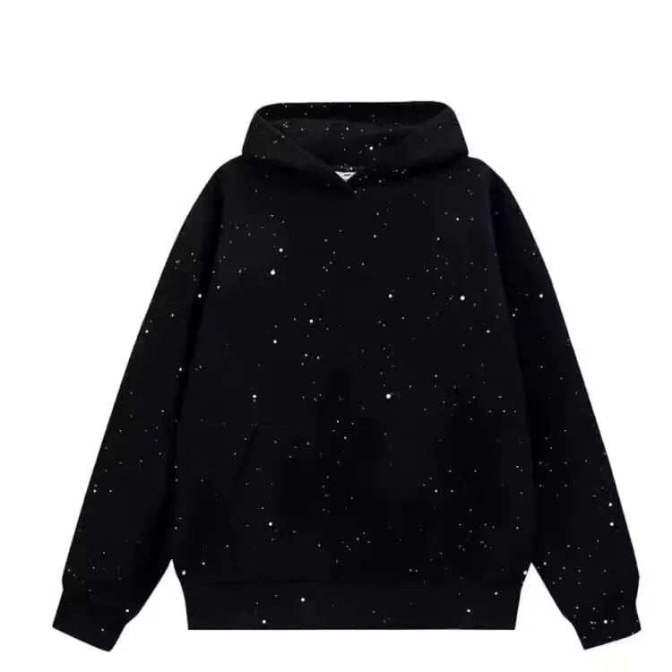 Black starry hooded sweater with letter pattern, loose fit, for men and women, polyester fibre, sizes M to 3XL