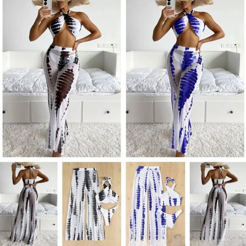 Women's three-piece swimsuit bikini set with mesh trousers in quick-drying polyester fabric