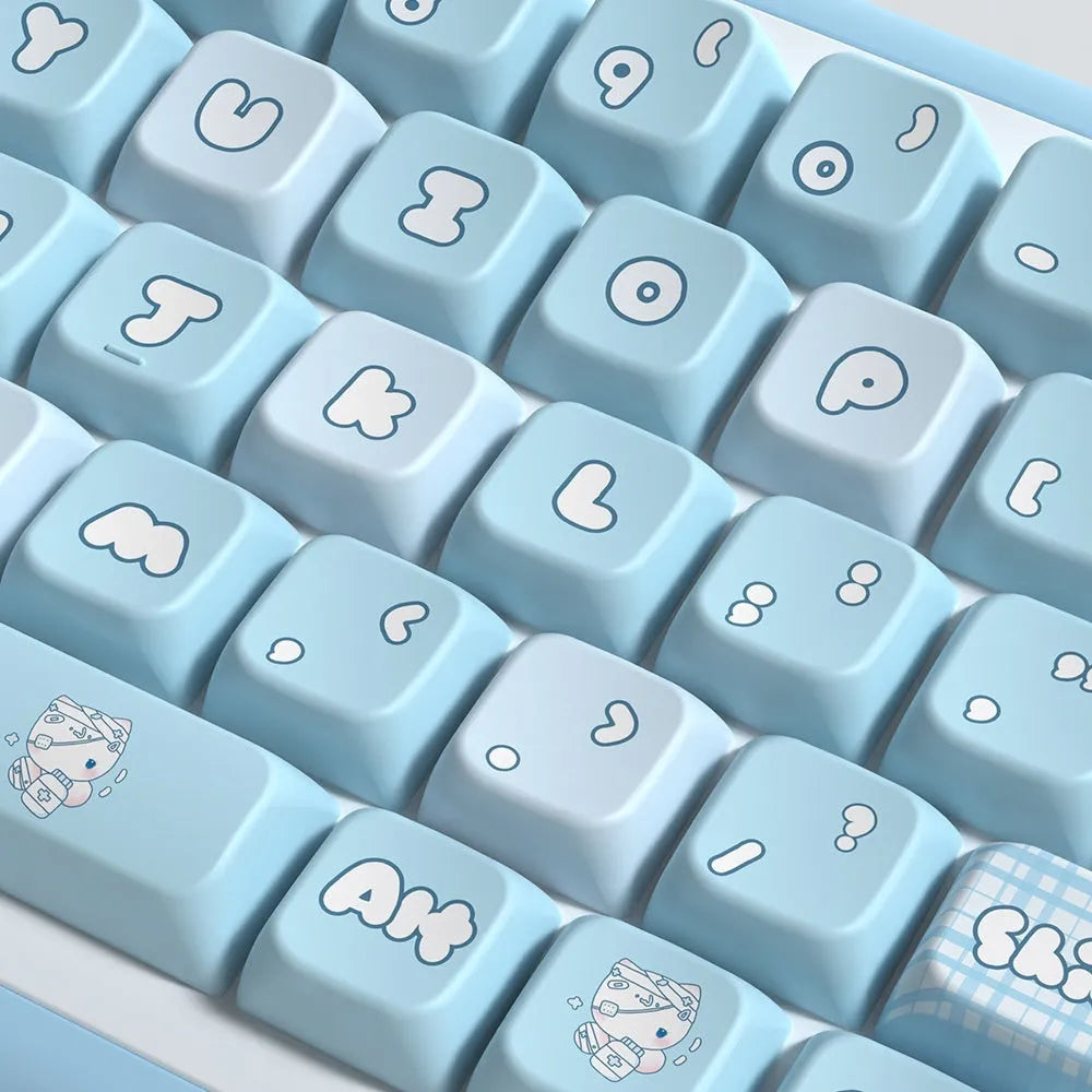Watercolour kitten design PBT keycap set for mechanical keyboards, showing 138-key and 158-key full kit options.