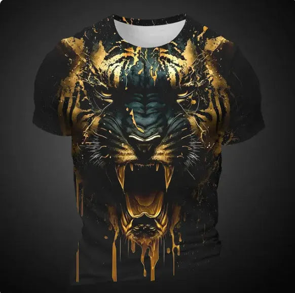Men's grey short sleeve T-shirt with a detailed 3D tiger face digital print on the front.