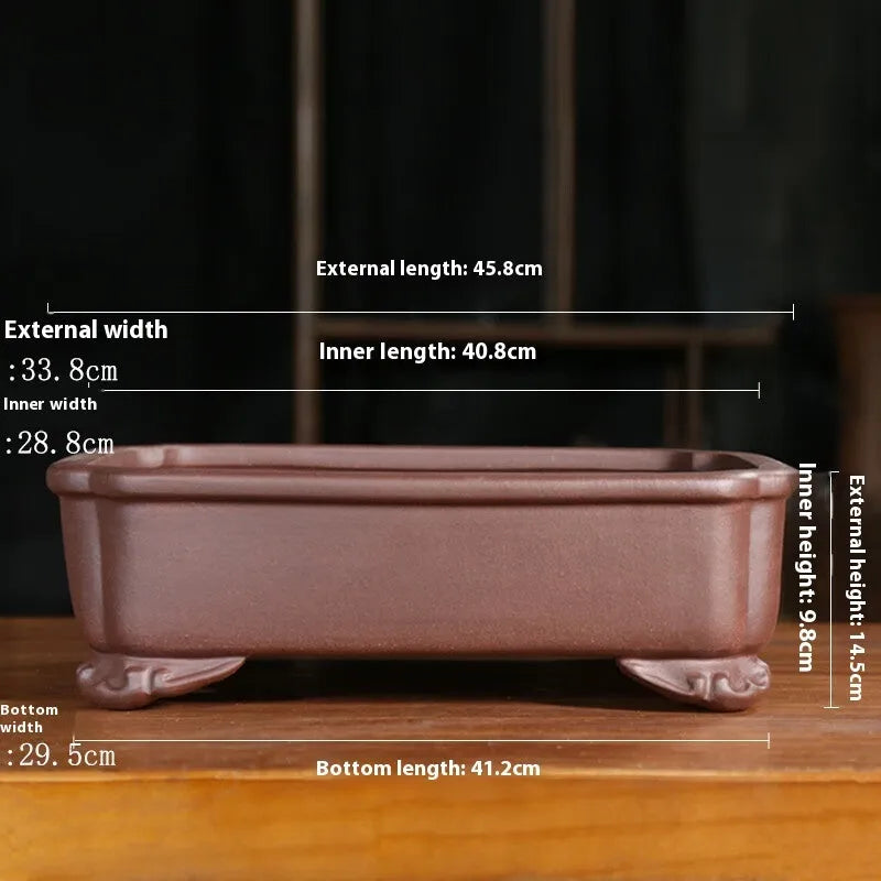 Purple sand rectangular manger bonsai pot with corner-cutting detail in antique classical style