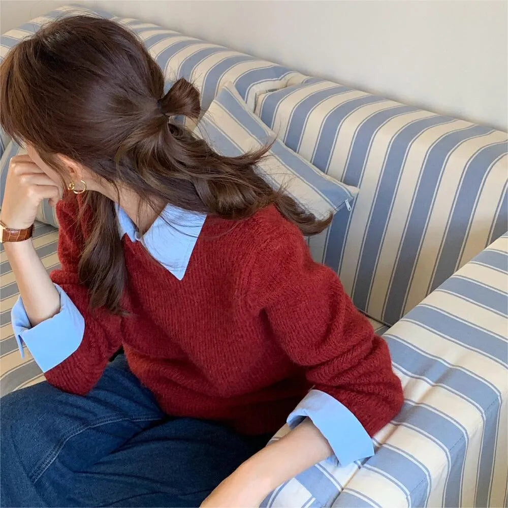 Women's knitwear top with contrast lapels in loose free size fit