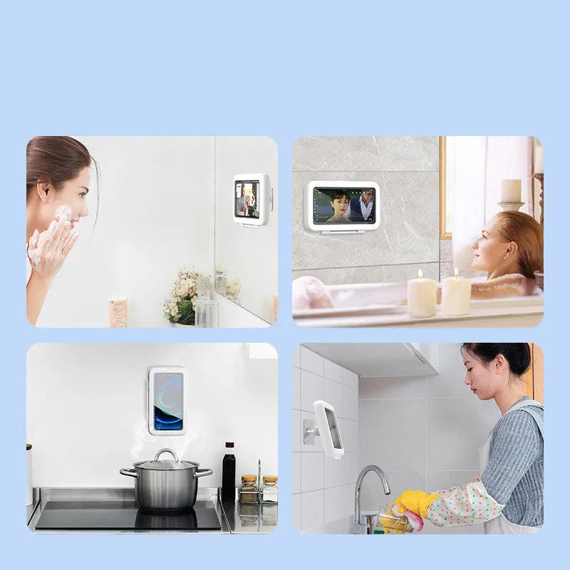White waterproof phone holder mounted on bathroom tile with phone visible through anti-fog window