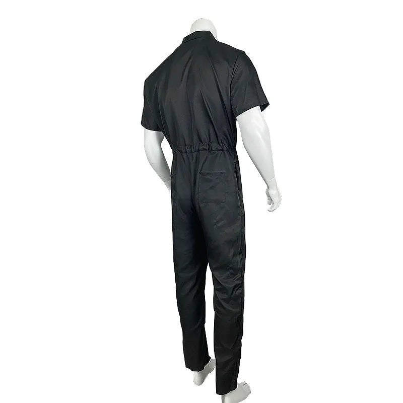 Men's cotton loose one-piece suit in black with top and shorts, front view, for performing arts