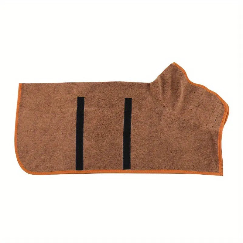 Nylon dog drying towel in grey with orange edge trim shown folded, available in XS to XL sizes