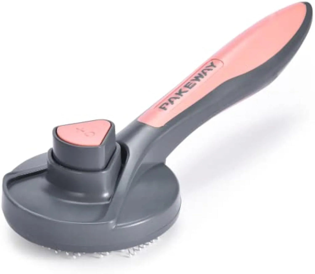 Grey, green, or pink self-cleaning slicker brush for grooming cats, dogs, and rabbits.