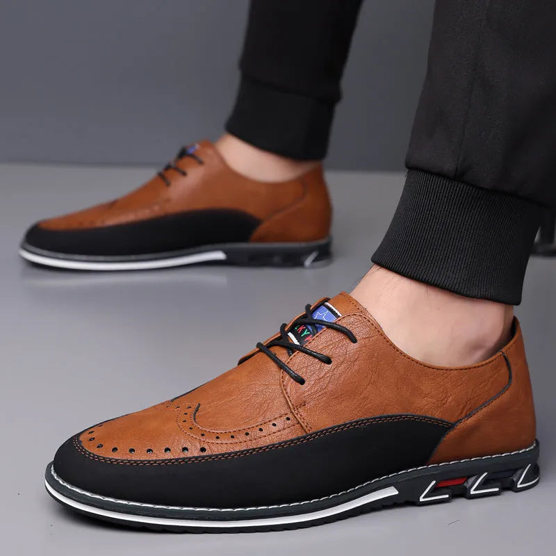 Men's black leather slip-on loafer shoe with a rubber sole and visible stitching detail