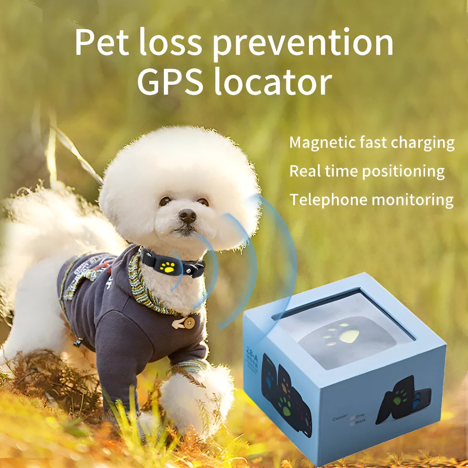 Waterproof GPS pet tracker device in multiple colour options showing compact dimensions