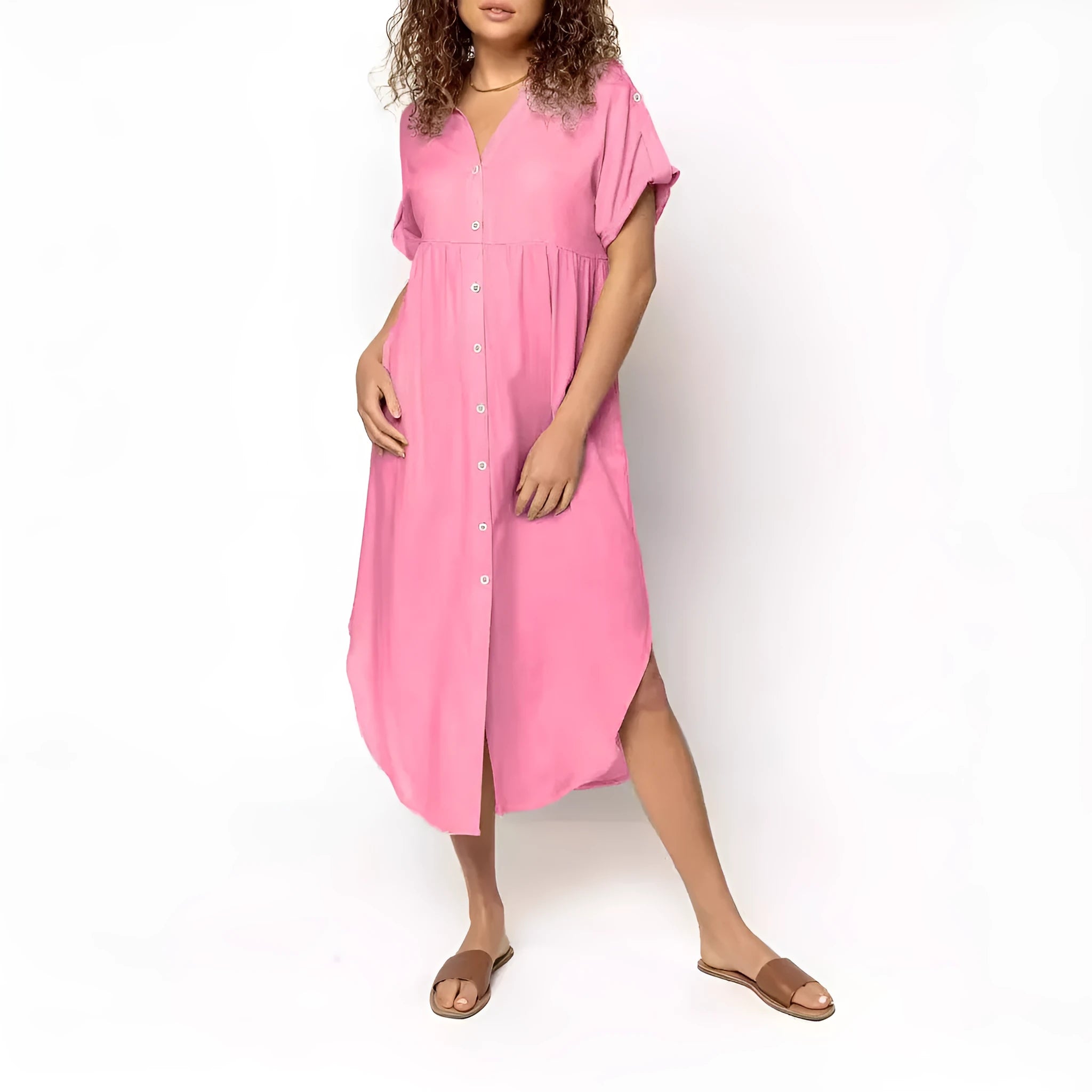 Mid-length casual dress with button front in solid colour, Japanese Korean style with regular sleeves