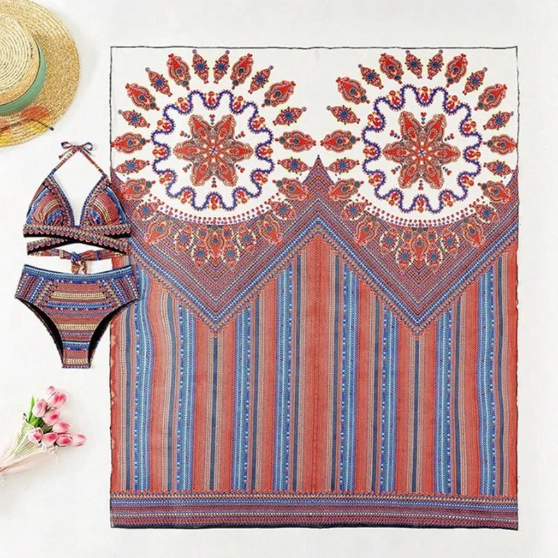 Women's three-piece swimsuit set showing high-waist briefs, sleeveless cutout top, and matching swim coat.