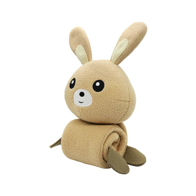 Poached bunny coloured plush dog toy with food compartments measuring 650mm long