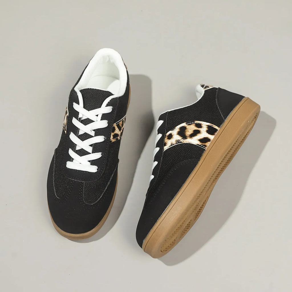 Women's round toe lace-up vintage leopard print canvas training shoes low top casual sneakers