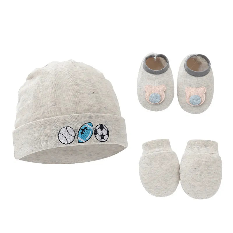 Cotton baby gloves and foot cover set in multiple colours including light blue, navy blue, pink, and camel
