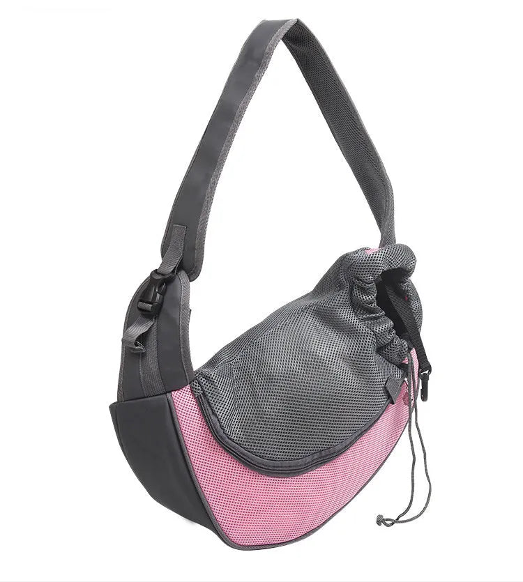 Mesh fabric pet carrier sling with PVC base in seven colours, showing S and L size options