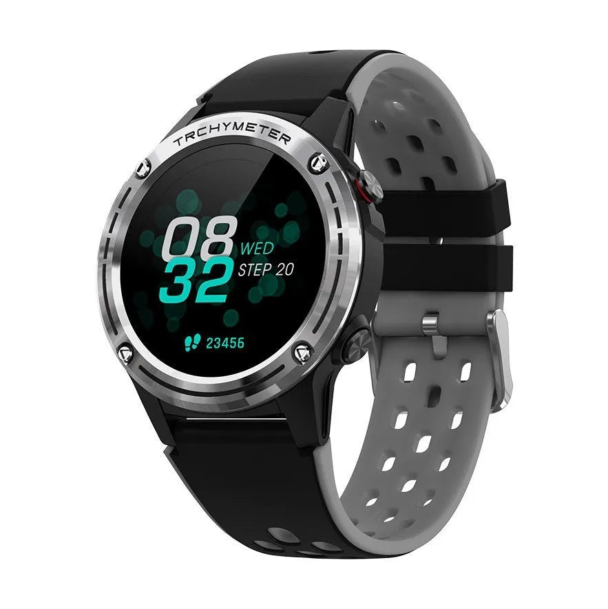 GPS smart watch with silicone strap in four colour options showing touch screen interface