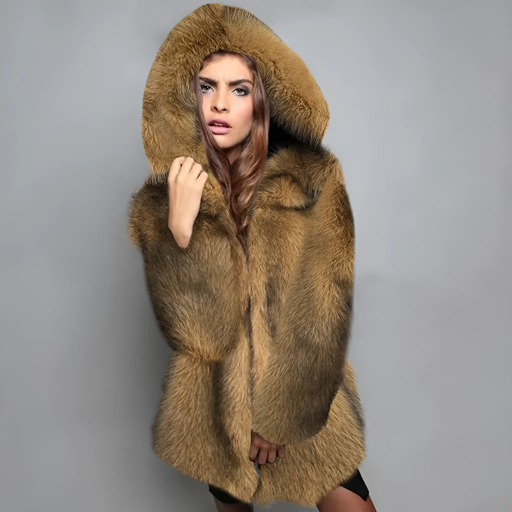 Women's loose mid-length artificial fur coat in silver grey colour showing regular sleeves and midi cut
