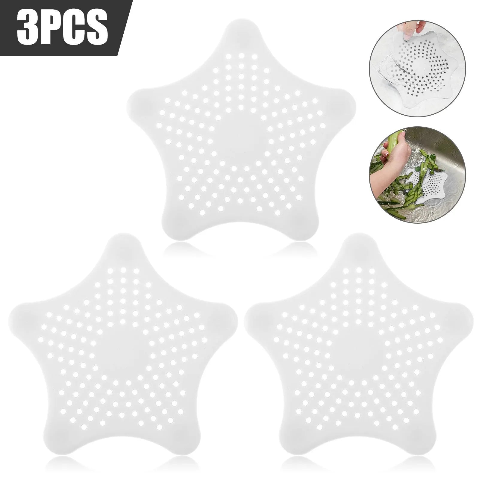 Three starfish-shaped TPR sink drain filters in blue, green, and white on a bathroom sink