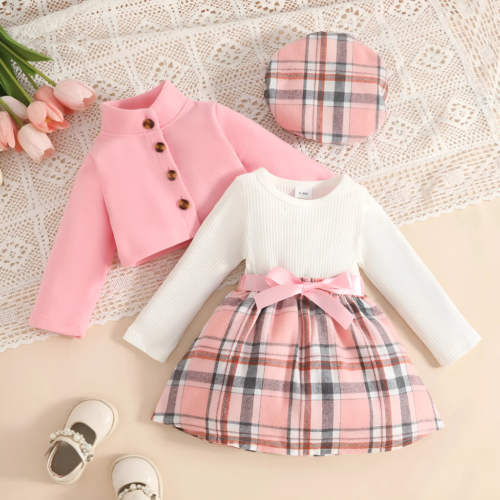 Baby girl plaid wool coat dress and beret set in light brown with stand collar and long sleeves
