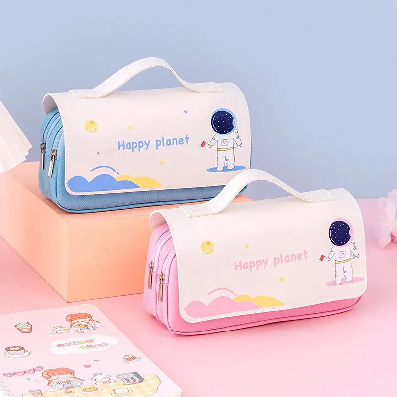 Large-capacity canvas pencil case with hand-painted planet design in multicolour, square 21x10cm, isolated on surface