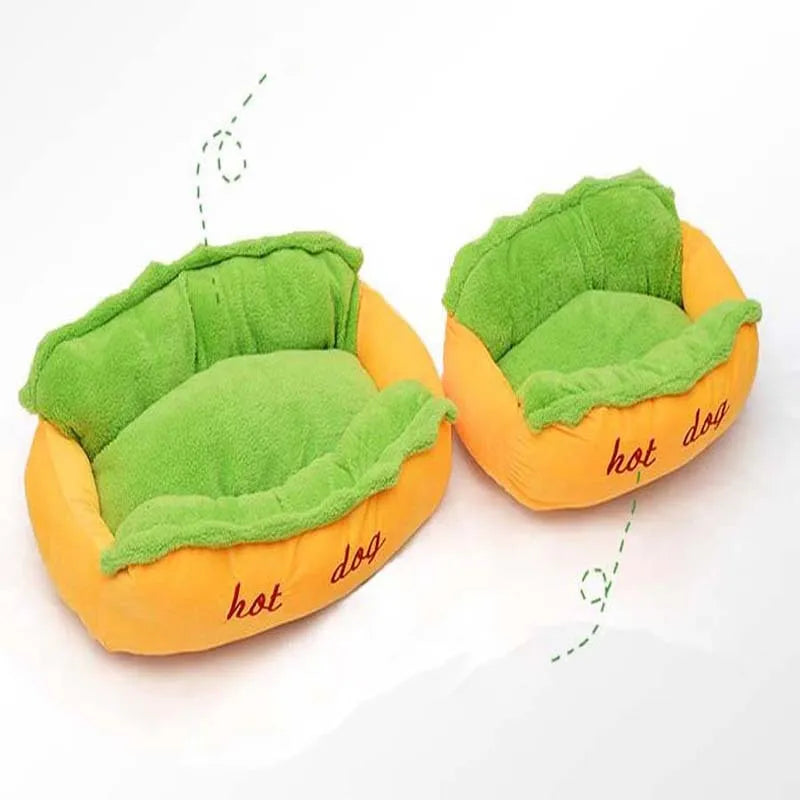 Hot dog shaped pet bed with flannelette mat, jean cloth sides, and anti-slip base for dogs and cats.