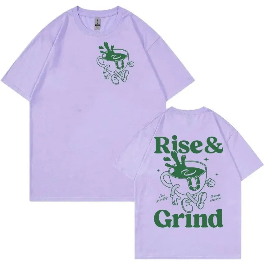 A loose-fit linen T-shirt with a Rise And Grind Green Coffee cartoon print, shown in one of ten available colours.