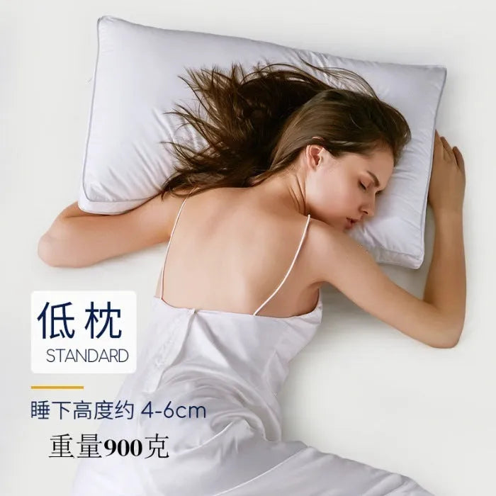 White hotel cotton satin stripe feather and cotton pillow showing size options.