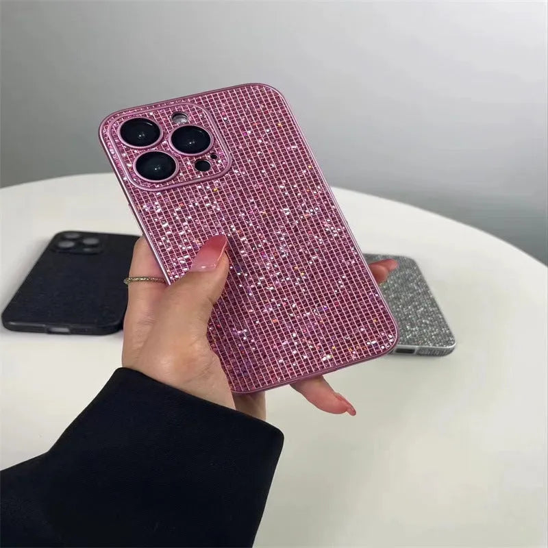 16 Por phone case with diamond lens protector in black for iPhone 12-16 series, PC material, drop-resistant