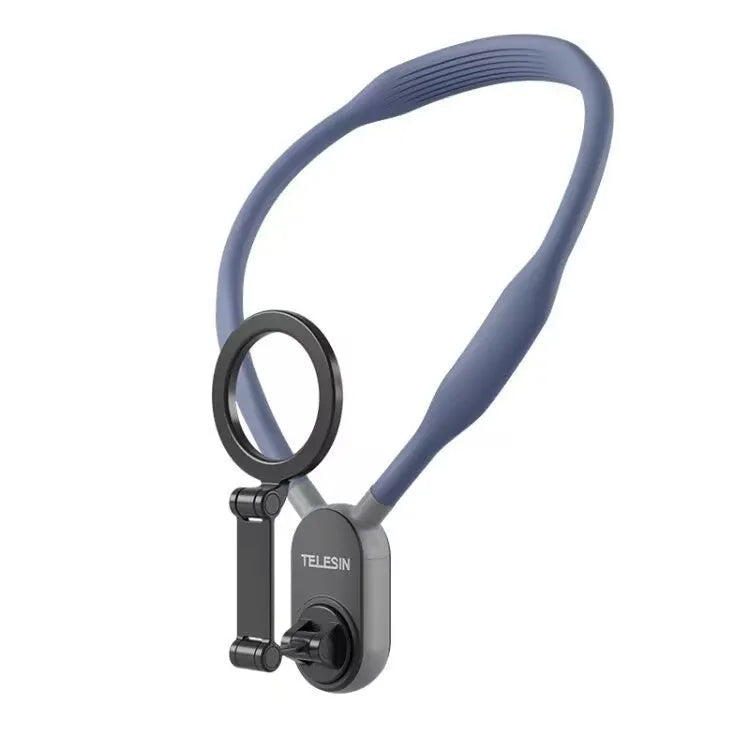 Grey silicone magnetic neck mount for mobile phones shown holding a phone in landscape orientation.