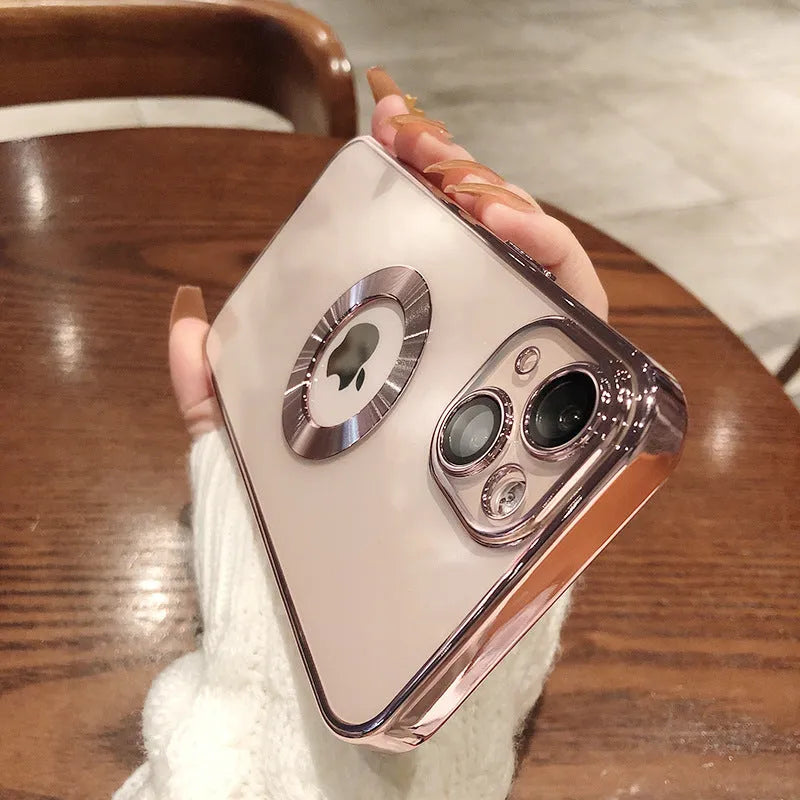 Transparent electroplated silicone iPhone case with built-in camera lens protector in multiple colour options.