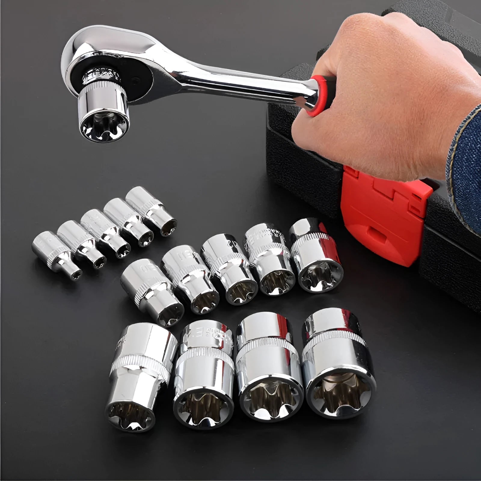Red box containing a 14-piece set of chrome vanadium steel E-type sockets for repair work.