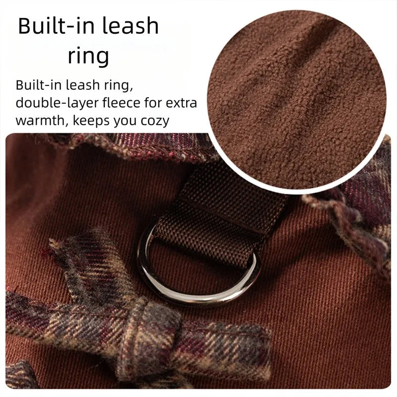 Fleece-lined brown plaid pet sweater dress with ruffle trim on a small dog, showing stretchable knit and skirt silhouette