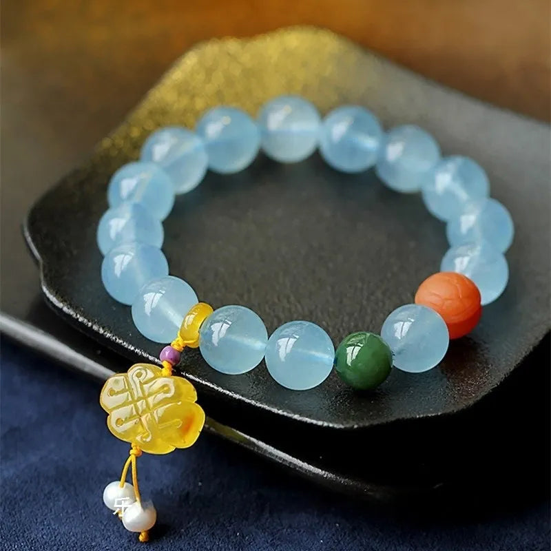 Natural aquamarine round bead bracelet with 10mm beads in unisex simple design