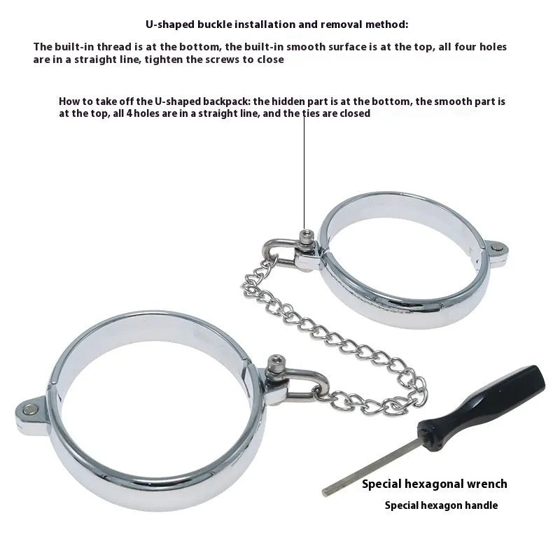 Silver zinc alloy handcuffs and footcuffs set with stainless steel detailing for adult role-play