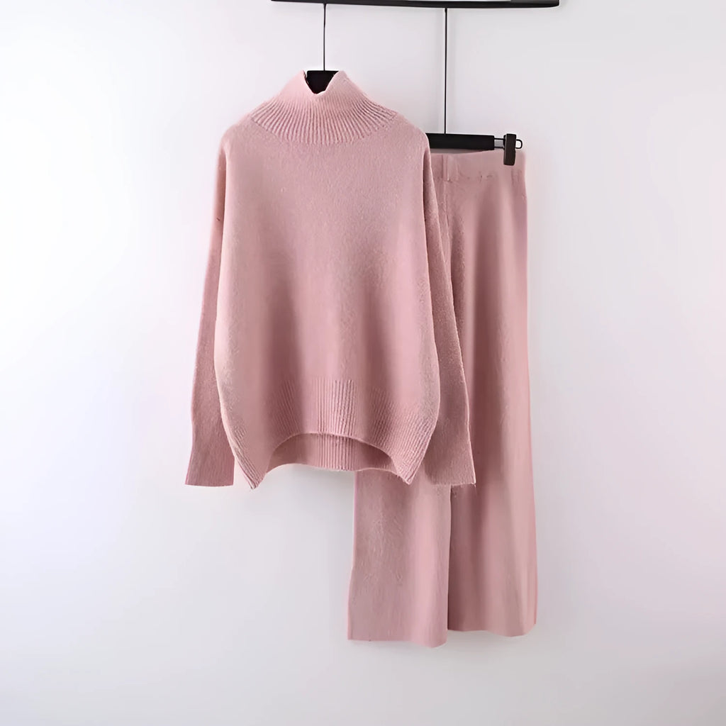 Women's beige acrylic fibre sweater and wide-leg trousers two-piece casual set.