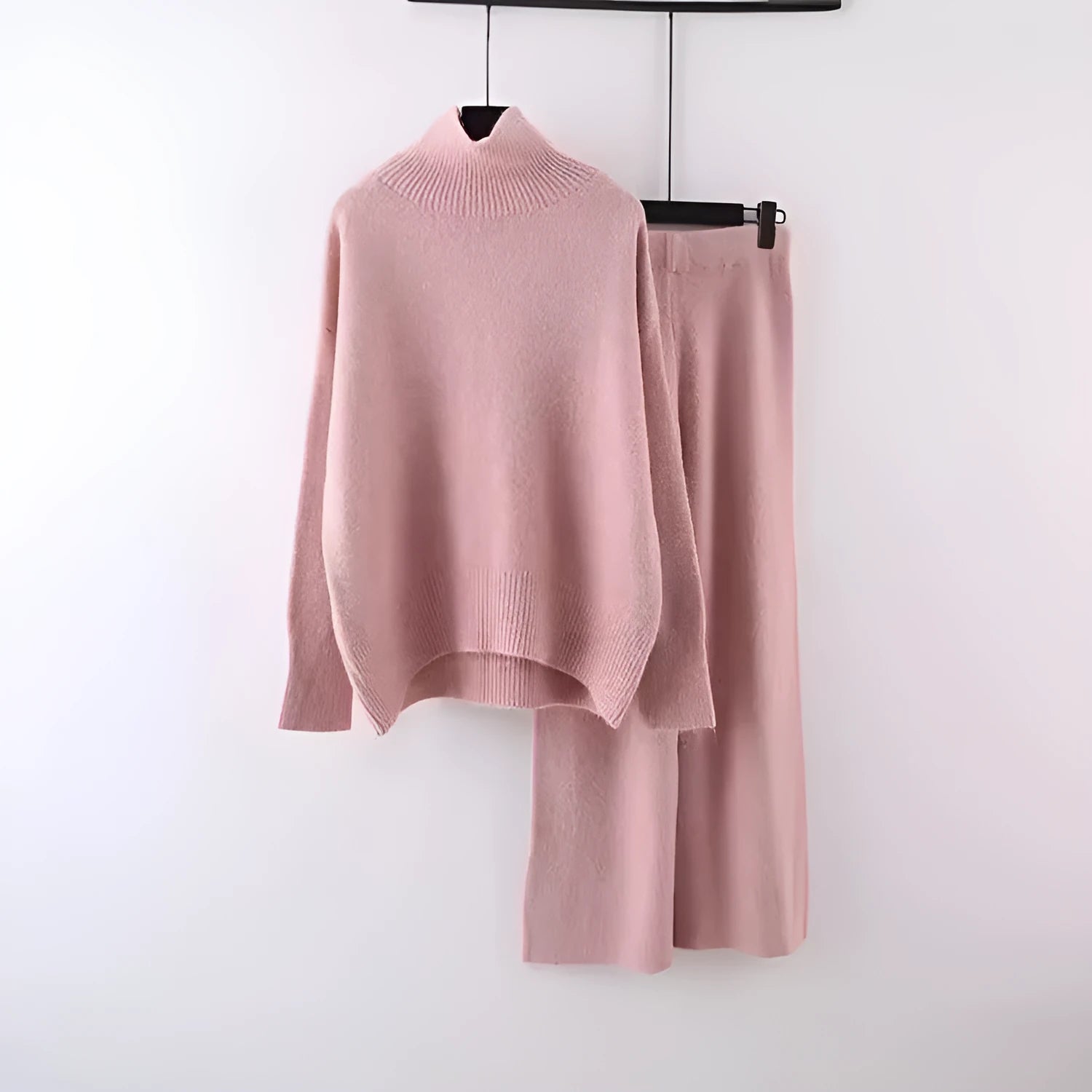 Women's beige acrylic fibre sweater and wide-leg trousers two-piece casual set.