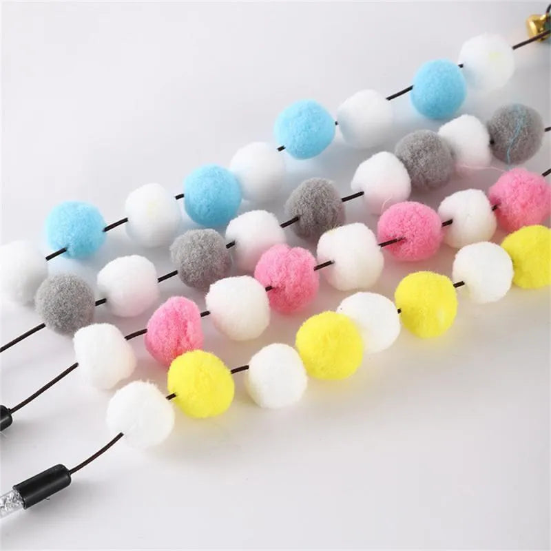 31cm acrylic cat teaser stick with contrast pompon feathers and bell in blue, grey, pink or yellow