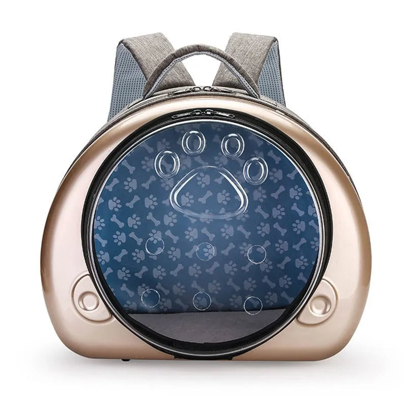 Transparent space capsule cat carrier bag in rose gold with PC canvas construction, breathable design, and 12 jin capacity