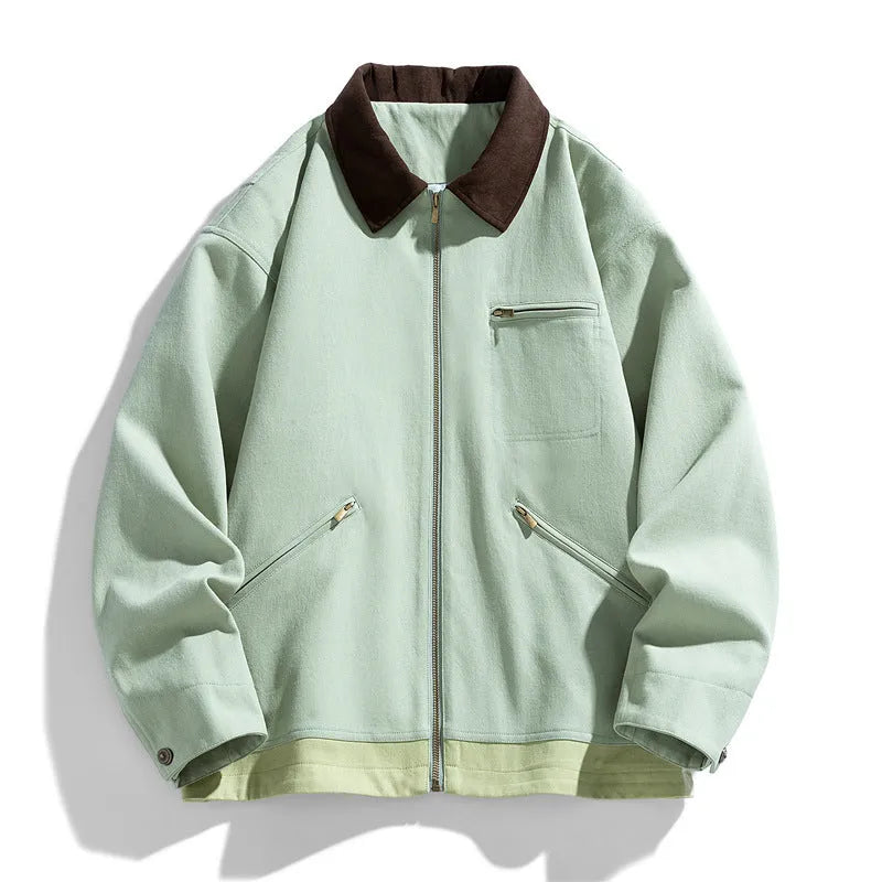 Men's loose fit casual jacket with contrast colour lapels and side seam pockets in retro workwear style
