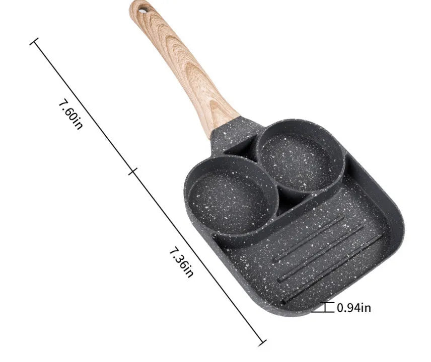 Non-stick egg dumpling frying pan in black aluminium with two holes for cooking breakfast burgers