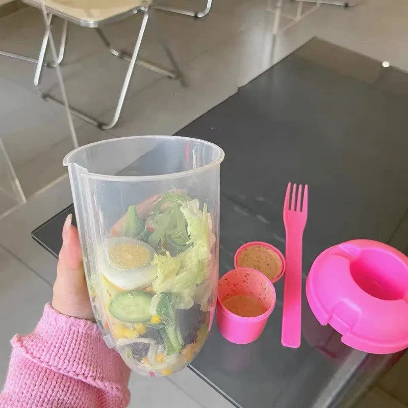 Ins style 1000ml salad cup with white fork and leak-proof cover, Klein Blue colour, on white background