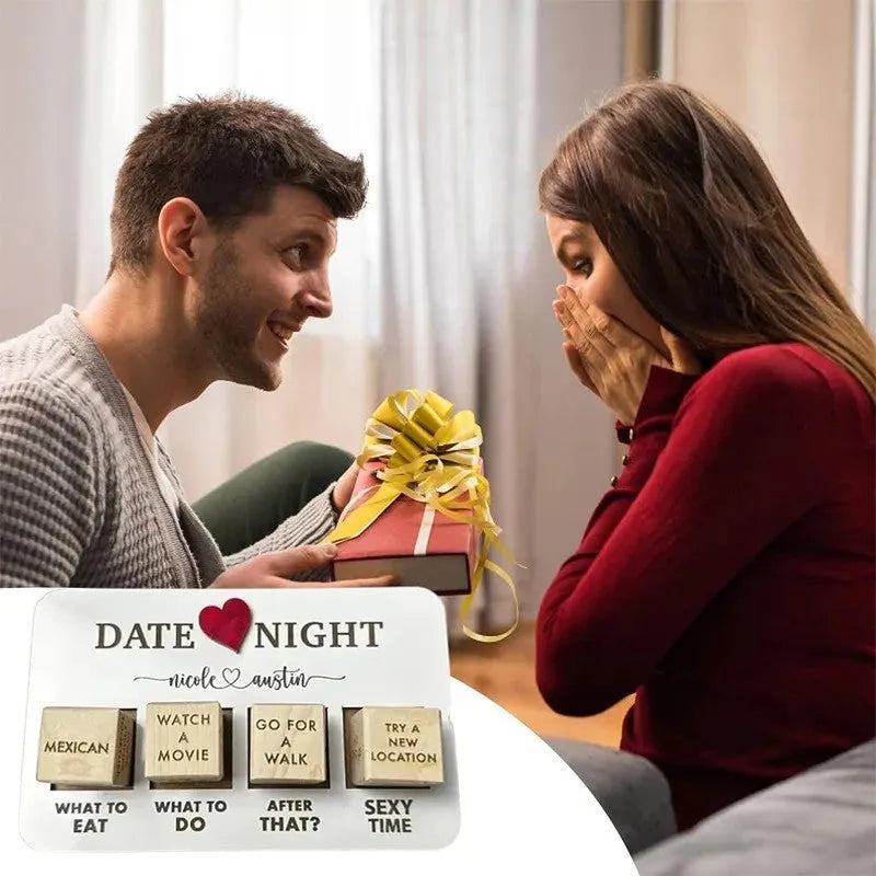 Wooden date night dice set showing five wooden dice, a rectangular planner board, and a black storage bag.